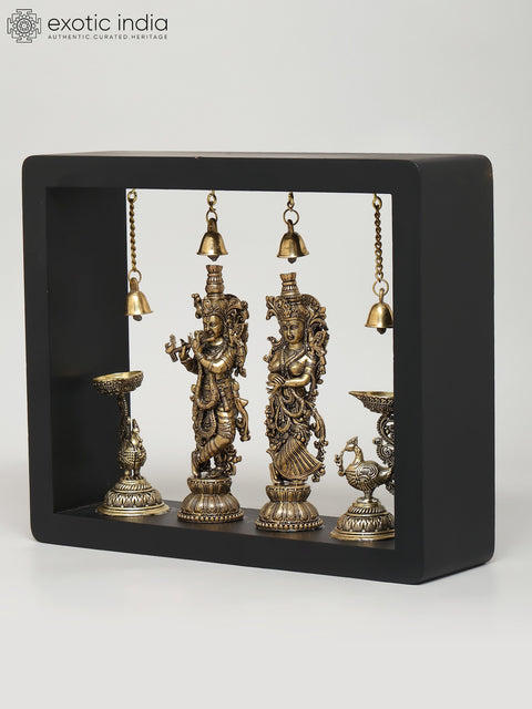 11" Superfine Radha Krishna with Peacock Lamps | Wood Framed Brass Sculptures | Wall Hanging