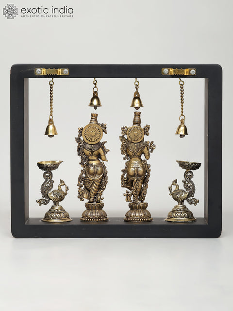 11" Superfine Radha Krishna with Peacock Lamps | Wood Framed Brass Sculptures | Wall Hanging