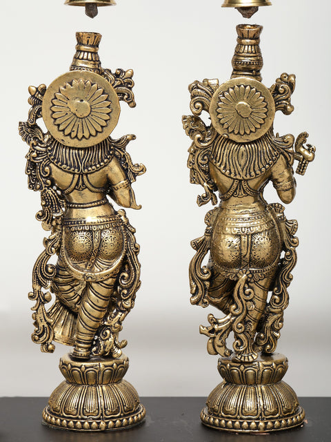 11" Superfine Radha Krishna with Peacock Lamps | Wood Framed Brass Sculptures | Wall Hanging