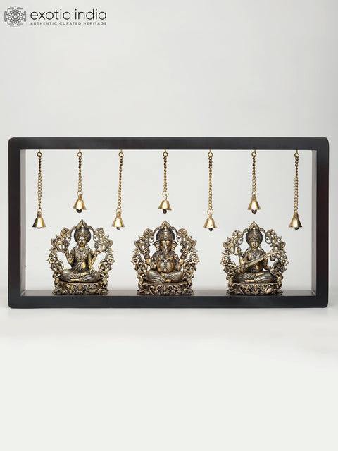 17" Superfine Lakshmi Ganesha Saraswati | Wood Framed Brass Sculptures | Wall Hanging