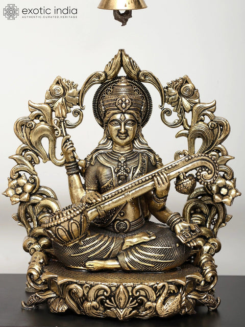 17" Superfine Lakshmi Ganesha Saraswati | Wood Framed Brass Sculptures | Wall Hanging