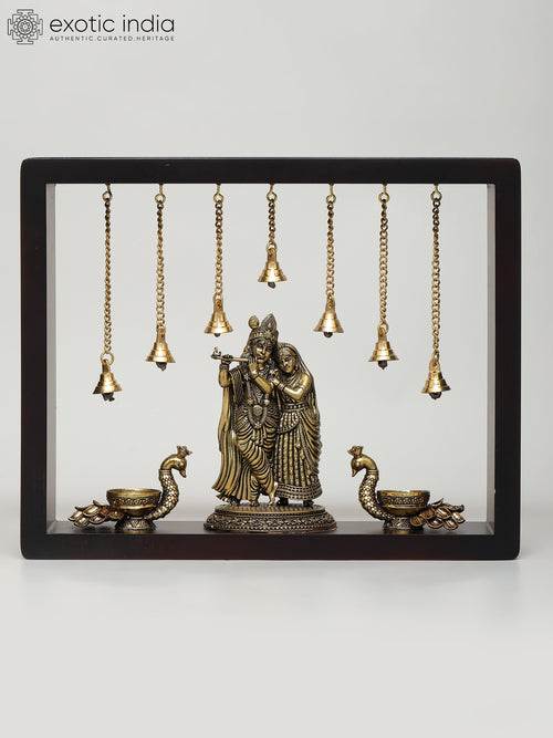 12" Standing Radha Krishna with Peacock Lamps Brass Sculpture
