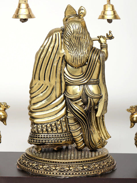 12" Superfine Standing Radha Krishna with Peacock Lamps | Wood Framed Brass Sculpture
