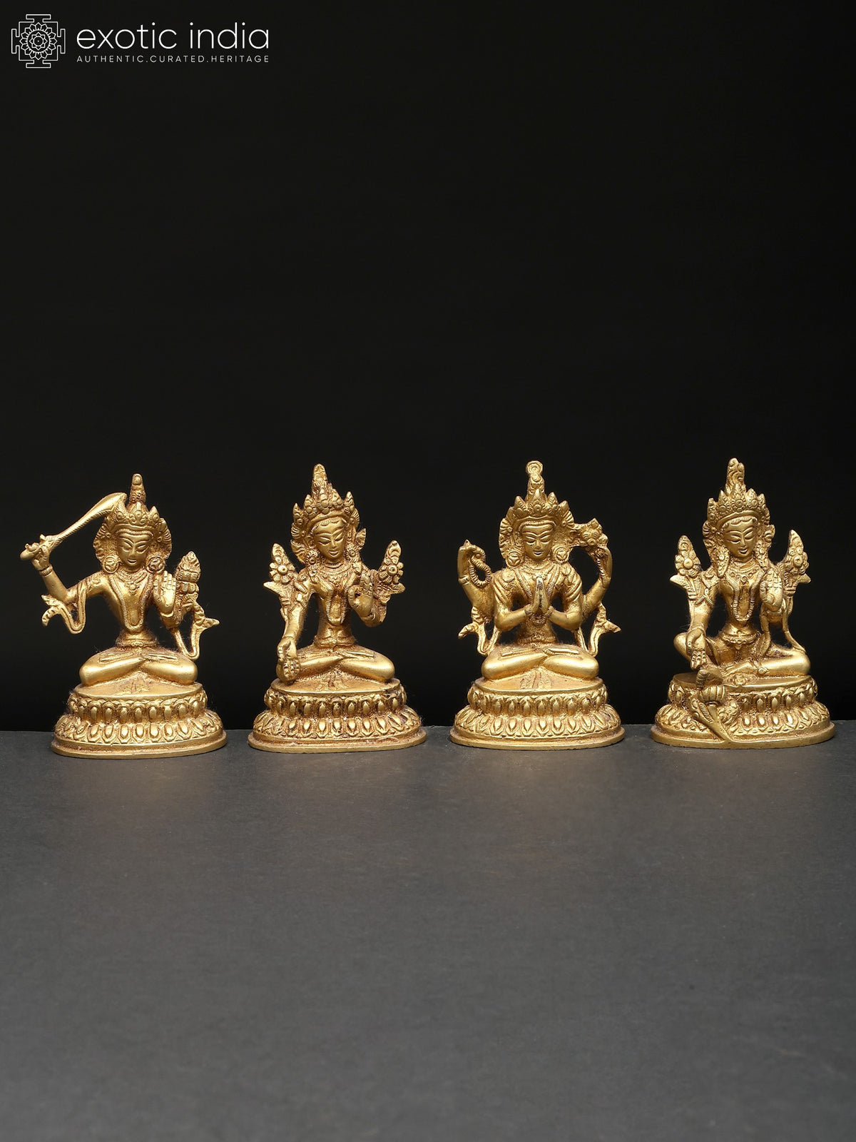 4" Small Set of Four Buddhist Deities (Manjushri, White Tara, Chenrezig, Green Tara) | Brass Statues