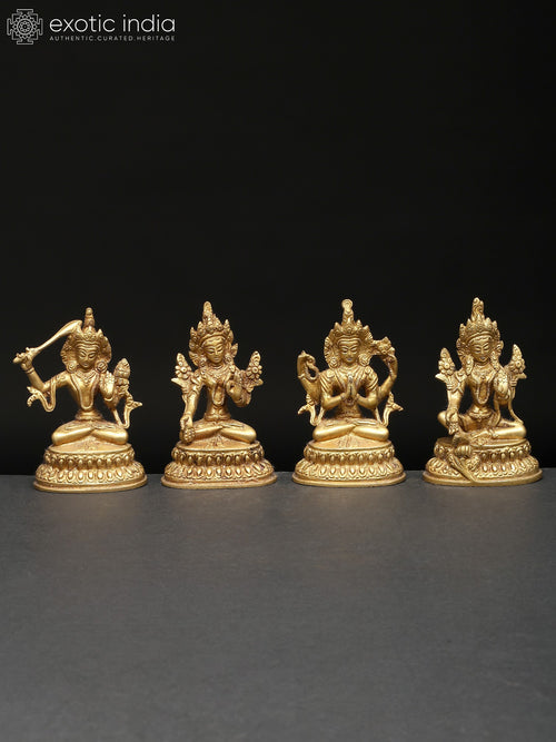 4" Small Set of Four Buddhist Deities (Manjushri, White Tara, Chenrezig, Green Tara) | Brass Statues