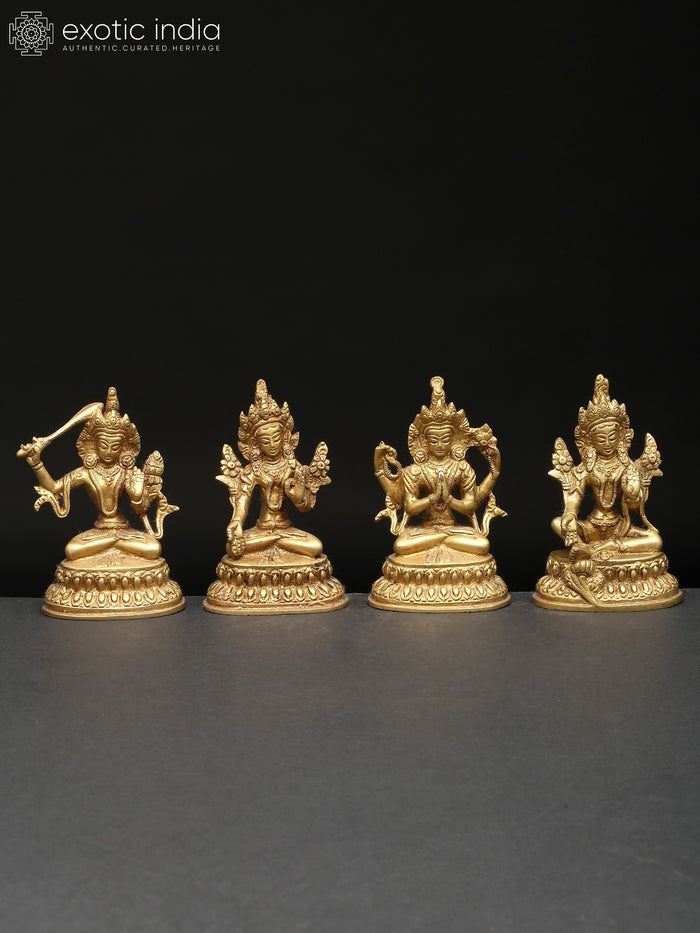 4" Small Set of Four Buddhist Deities (Manjushri, White Tara, Chenrezig, Green Tara) | Brass Statues