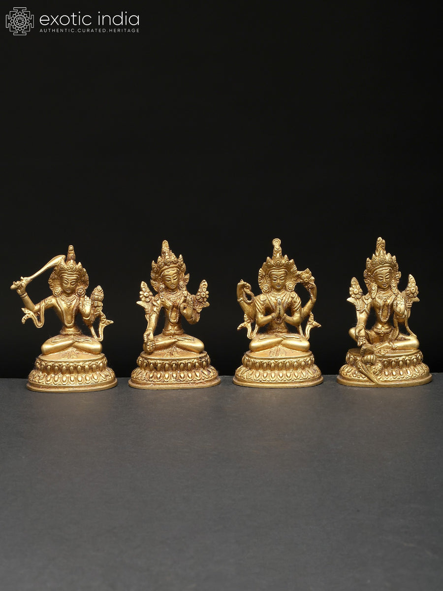 4" Small Set of Four Buddhist Deities (Manjushri, White Tara, Chenrezig, Green Tara) | Brass Statues