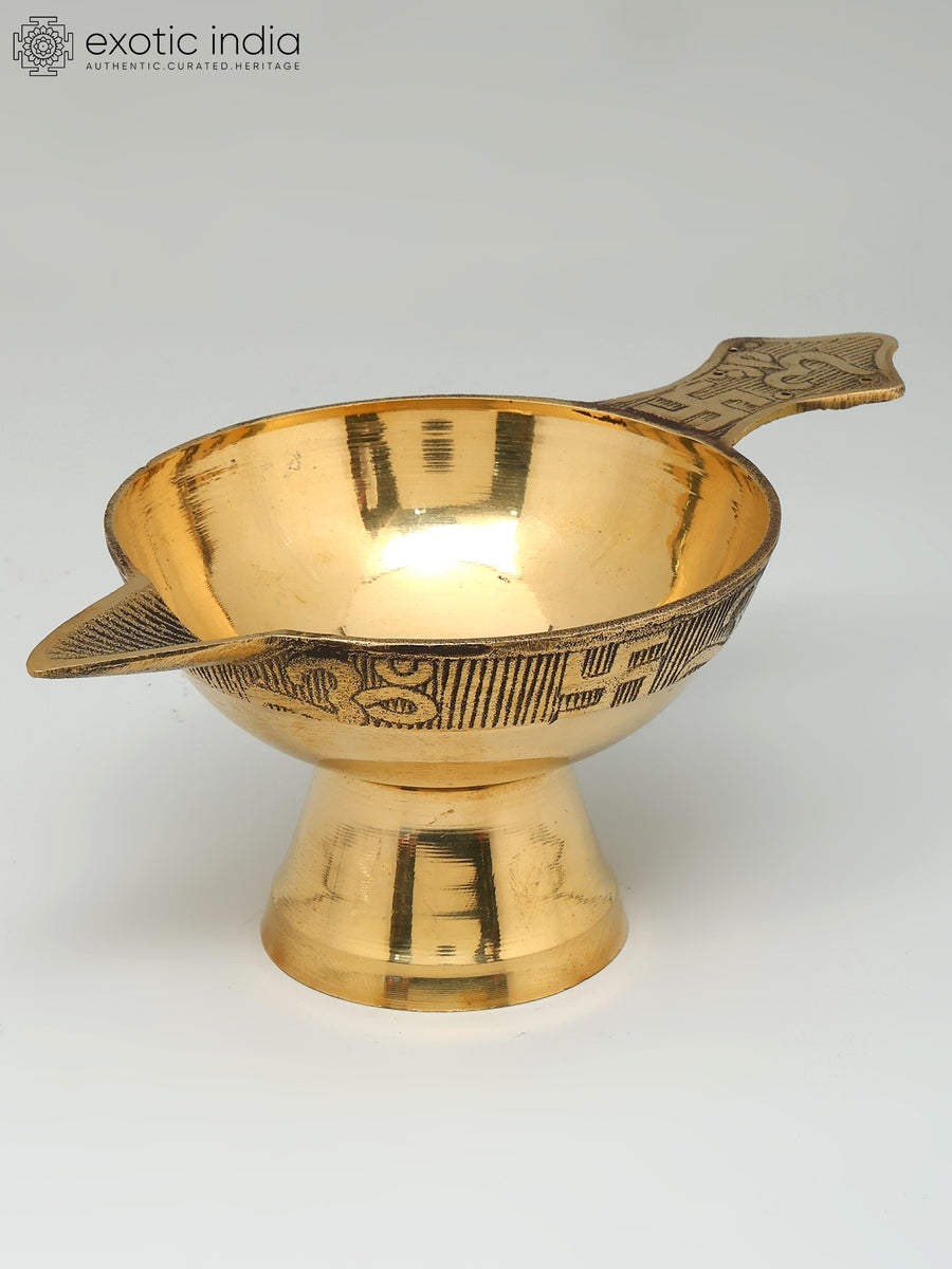9" Handheld Brass Diya for Pooja Rituals