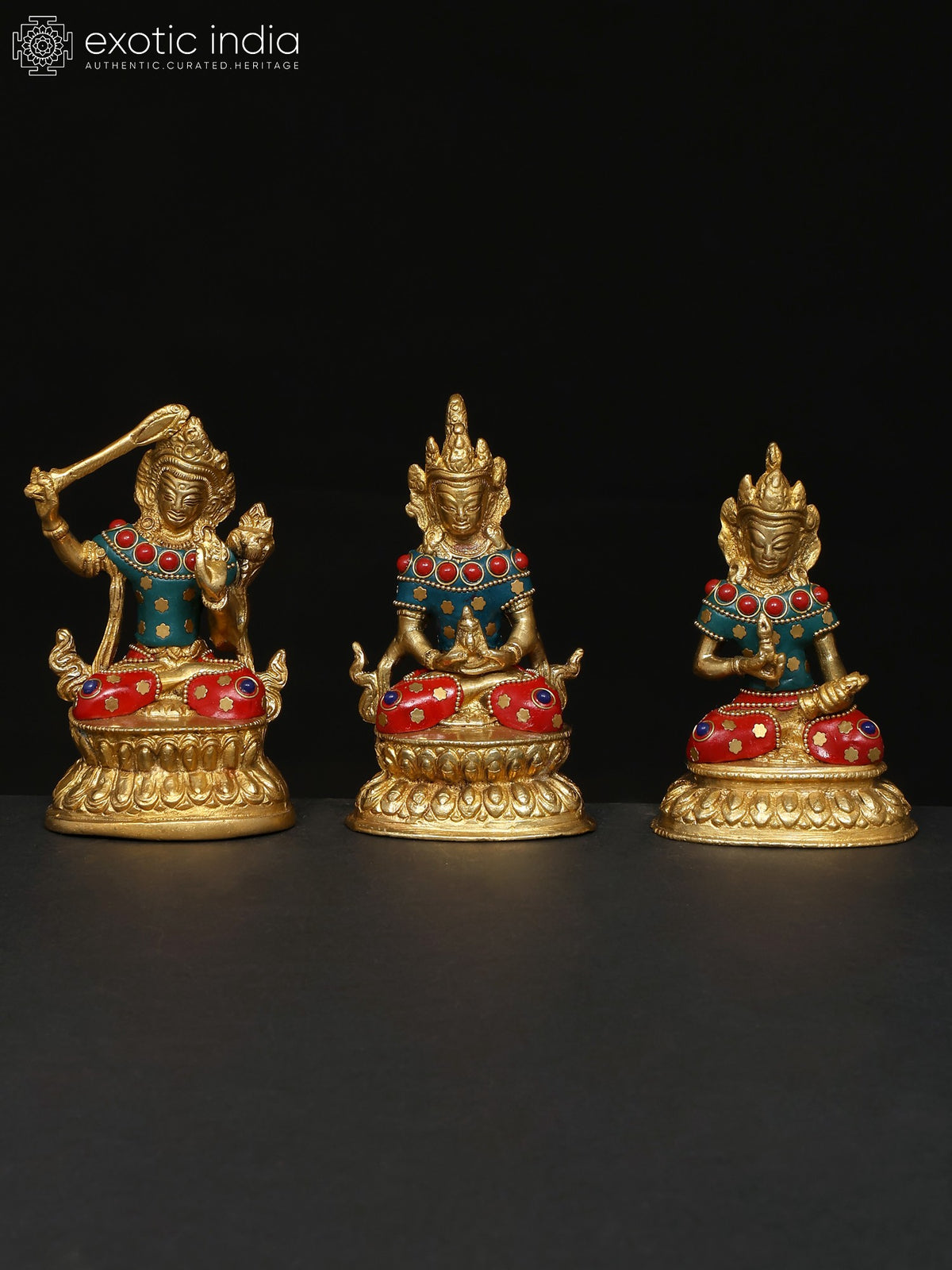 4" Small Set of Three Buddhist Deities Brass Statues with Inlay Work