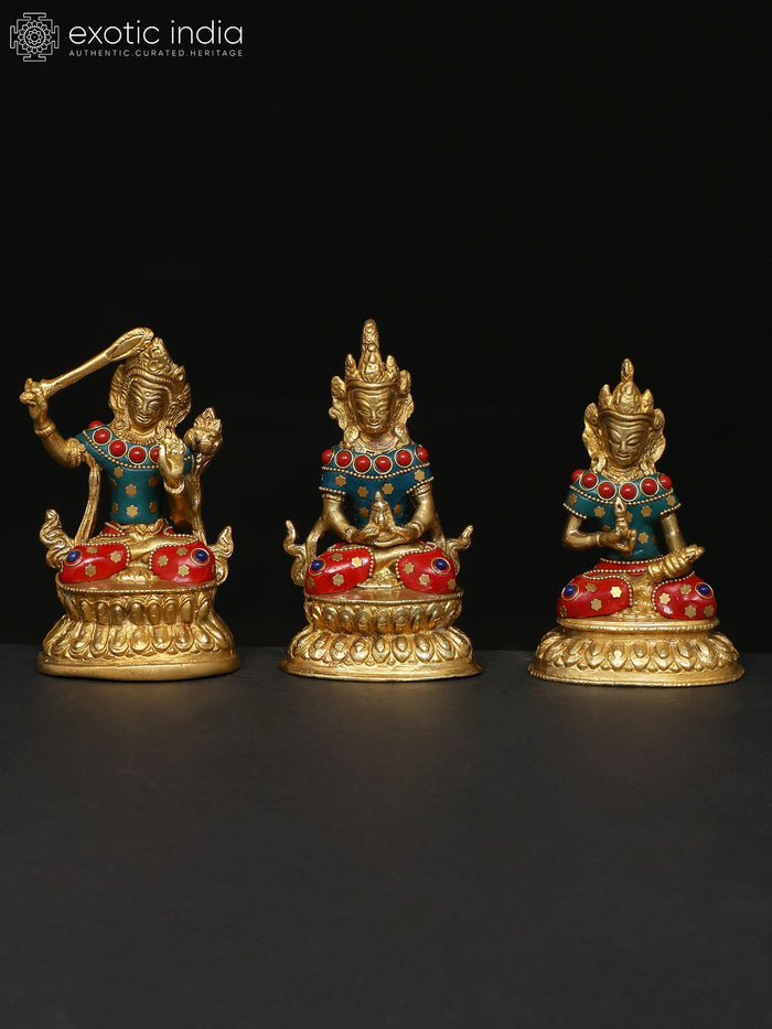 4" Small Set of Three Buddhist Deities Brass Statues with Inlay Work