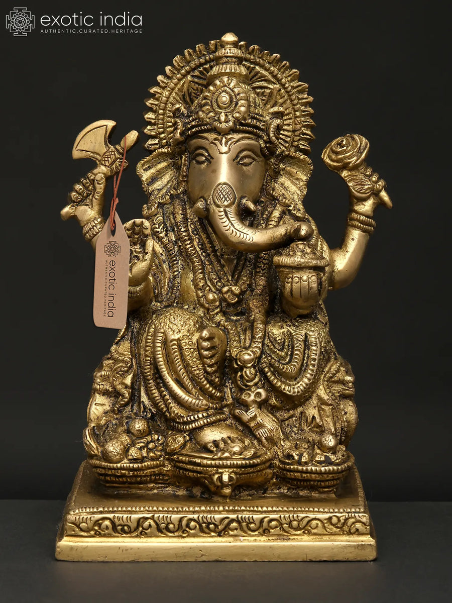 6" Four Armed Blessing Lord Ganesha Brass Statue for Pooja
