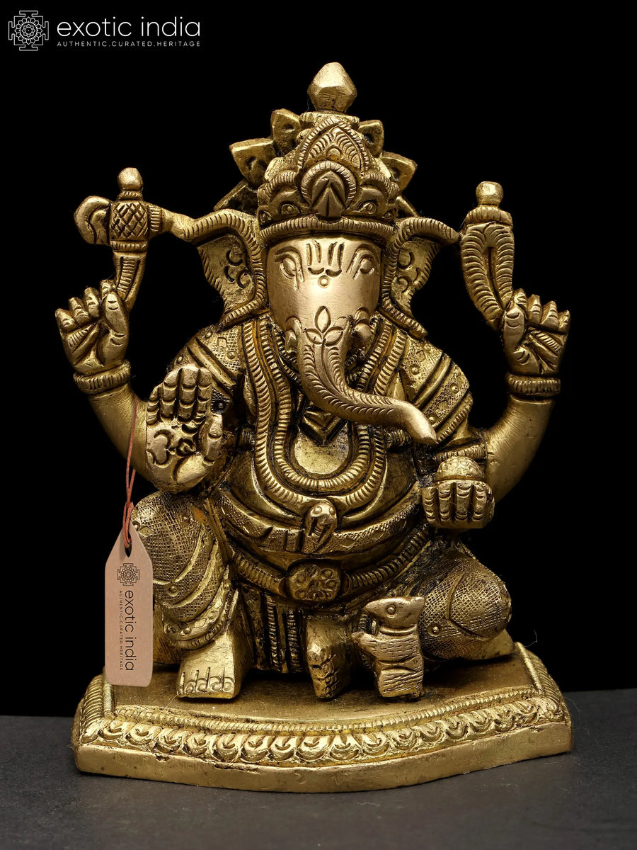 4" Four Armed Blessing Lord Ganesha Brass Statue Handmade