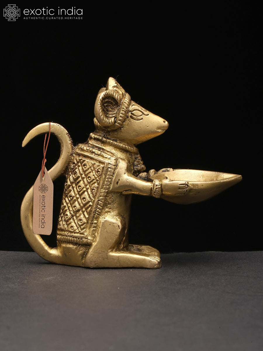 3" Small Rat with Lamp Brass Statue for Pooja