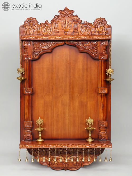 60" Wooden Temple Wall Hanging with Brass Lamps and Bells