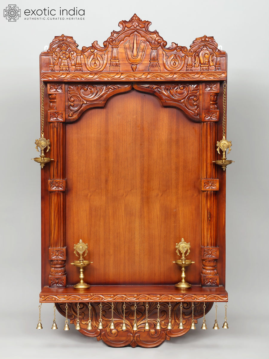 60" Wooden Temple Wall Hanging with Brass Lamps and Bells