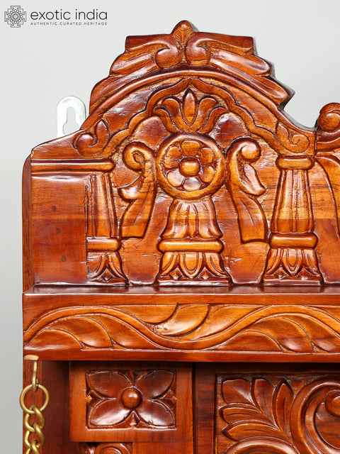 60" Large Size Wall Hanging Open Wood Temple with Brass Lamps and Bells