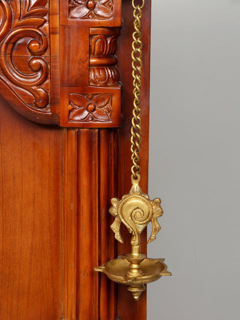 60" Large Size Wall Hanging Open Wood Temple with Brass Lamps and Bells