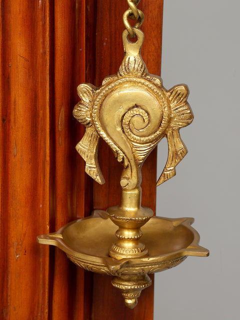 60" Large Size Wall Hanging Open Wood Temple with Brass Lamps and Bells