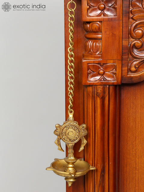 60" Large Size Wall Hanging Open Wood Temple with Brass Lamps and Bells