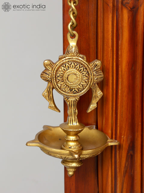 60" Large Size Wall Hanging Open Wood Temple with Brass Lamps and Bells