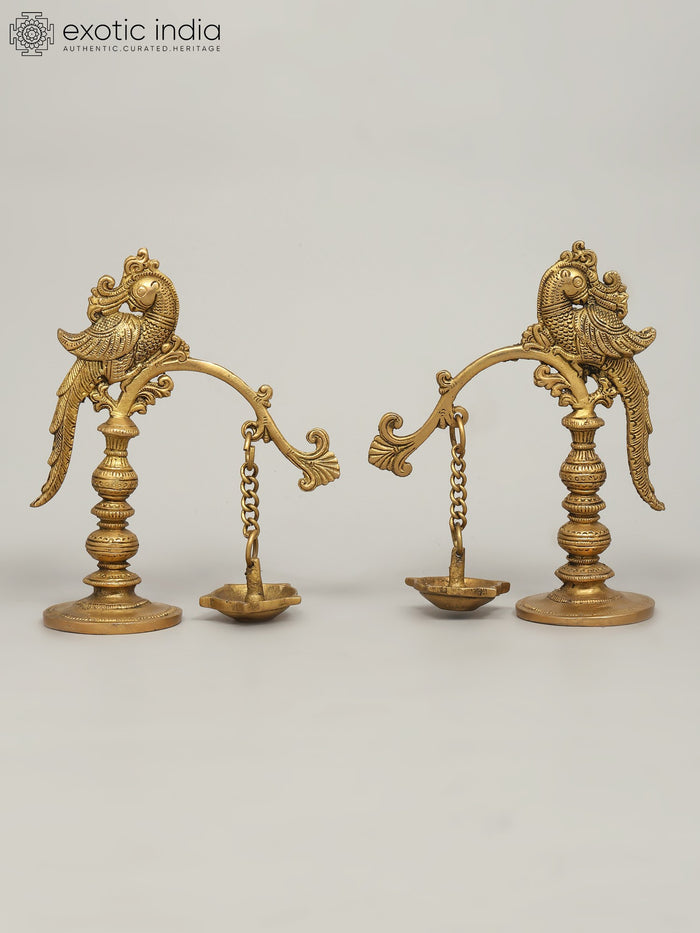 7" Brass Peacock Table Lamps, Designer Pair for Home Decor