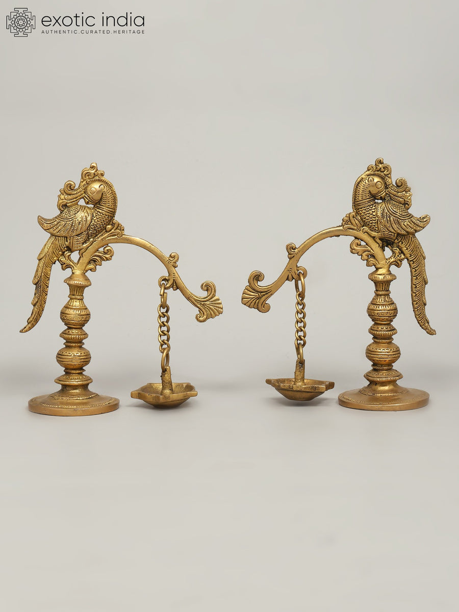 7" Brass Peacock Table Lamps, Designer Pair for Home Decor
