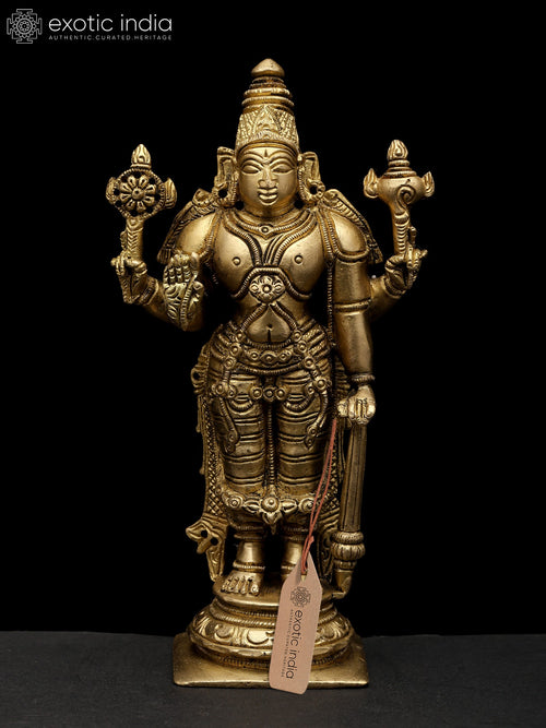 7" Four Armed Standing Lord Vishnu Brass Statue
