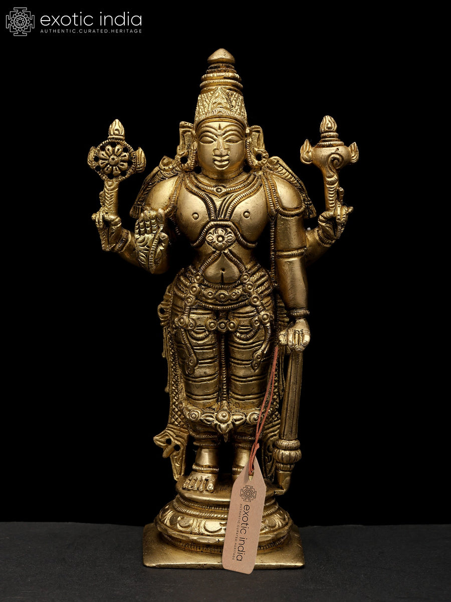 7" Four Armed Standing Lord Vishnu Brass Statue