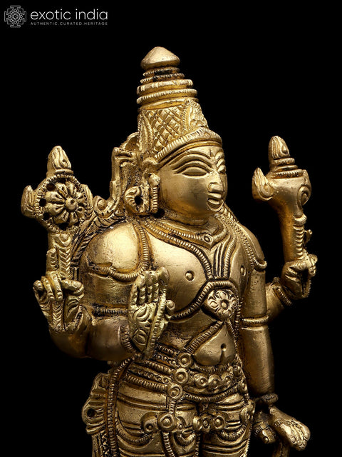 7" Four Armed Standing Lord Vishnu | Brass Statue