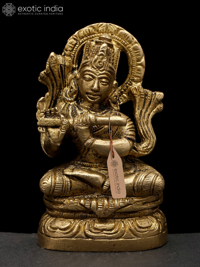 3" Small Lord Krishna Fluting Brass Idol for Pooja