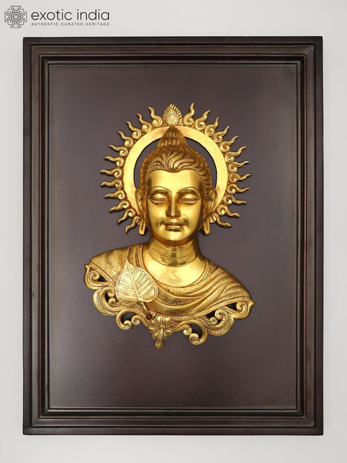 24" Lord Buddha Brass Wall Hanging with Wood Frame