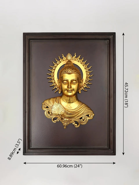 24" Wood Framed Lord Buddha in Brass | Wall Hanging