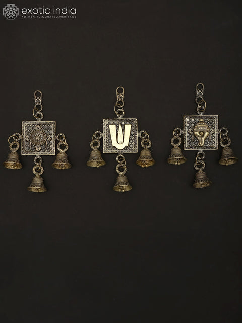 6" Superfine Chakra Tilak and Conch Bells in Brass | Set of Three | Wall Hanging