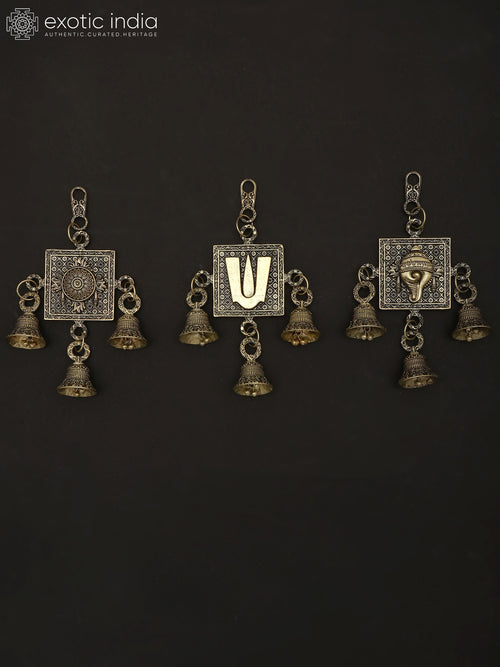 6" Brass Chakra Tilak Conch Bells Wall Hanging Set Handmade