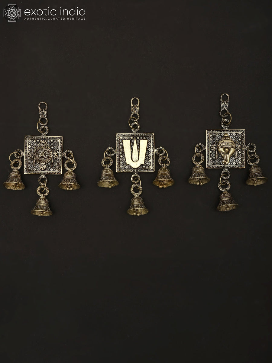 6" Brass Chakra Tilak Conch Bells Wall Hanging Set Handmade
