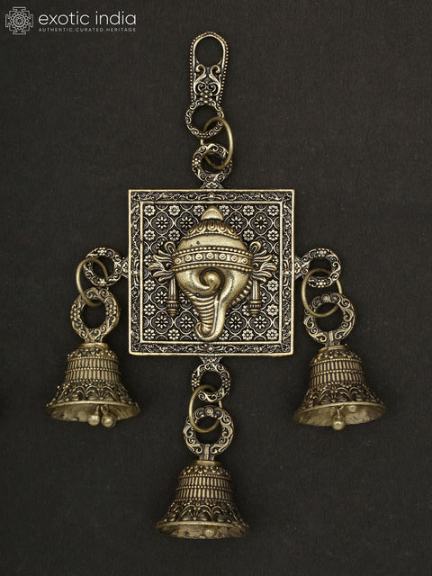 6" Superfine Chakra Tilak and Conch Bells in Brass | Set of Three | Wall Hanging