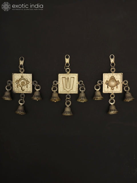 6" Superfine Chakra Tilak and Conch Bells in Brass | Set of Three | Wall Hanging