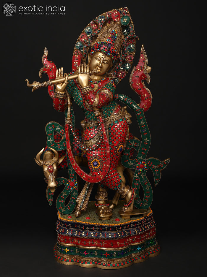 34" Large Venugopal Krishna with Cow | Brass Statue with Inlay Work