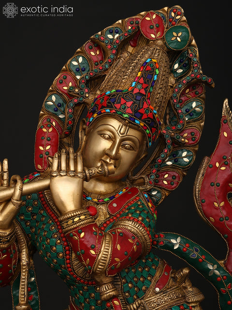 34" Large Venugopal Krishna with Cow | Brass Statue with Inlay Work