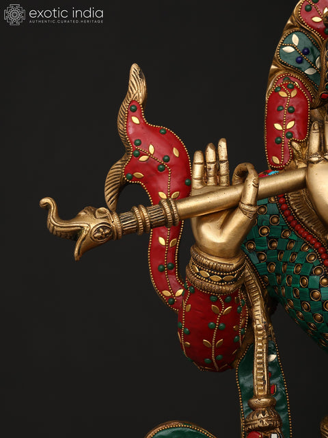 34" Large Venugopal Krishna with Cow | Brass Statue with Inlay Work