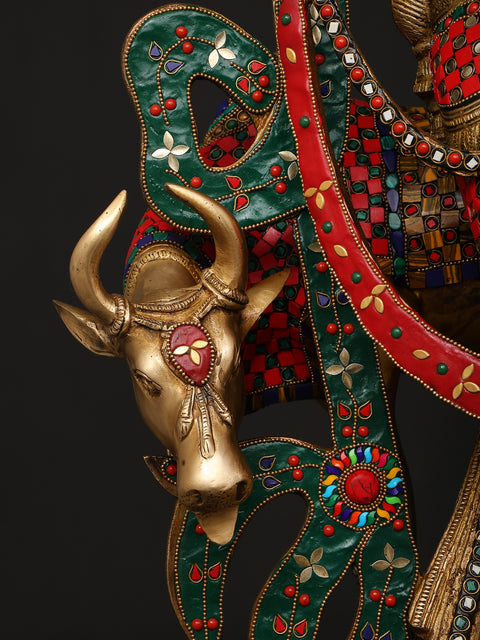 34" Large Venugopal Krishna with Cow | Brass Statue with Inlay Work