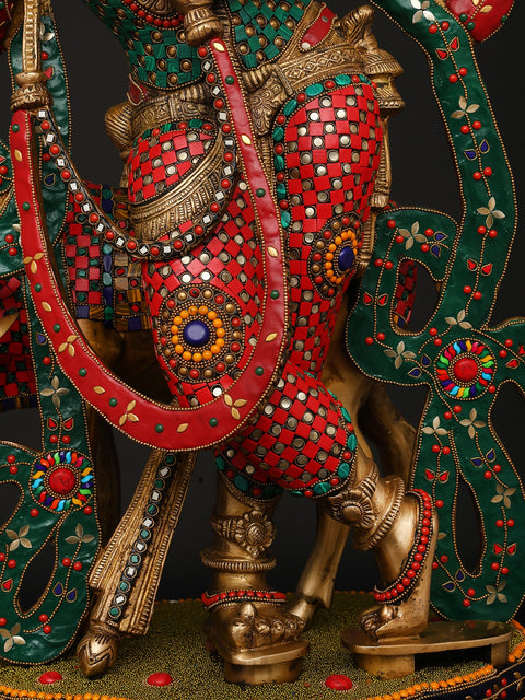34" Large Venugopal Krishna with Cow | Brass Statue with Inlay Work