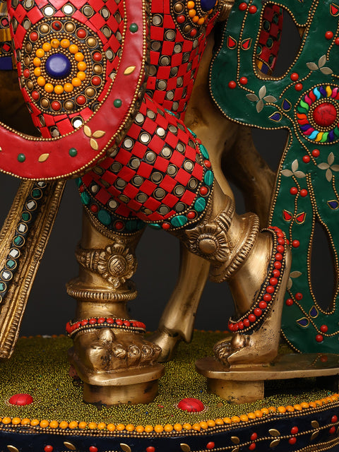 34" Large Venugopal Krishna with Cow | Brass Statue with Inlay Work