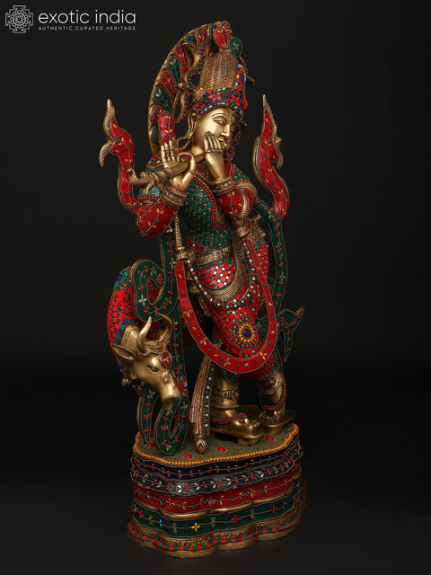 34" Large Venugopal Krishna with Cow | Brass Statue with Inlay Work