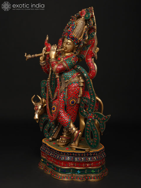 34" Large Venugopal Krishna with Cow | Brass Statue with Inlay Work