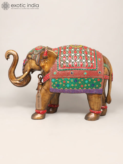 45" Large Size Elephant with Upraised Trunk | Brass Statue with Inlay Work