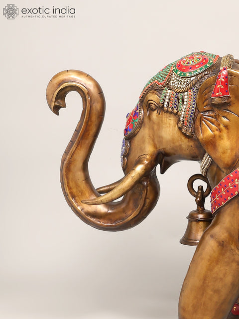 45" Large Size Elephant with Upraised Trunk | Brass Statue with Inlay Work