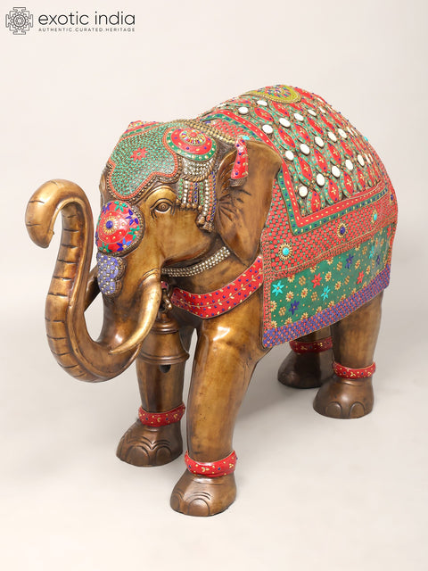 45" Large Size Elephant with Upraised Trunk | Brass Statue with Inlay Work