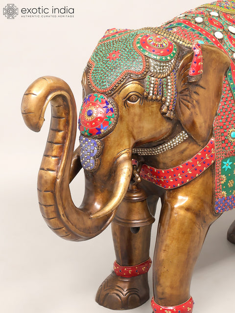 45" Large Size Elephant with Upraised Trunk | Brass Statue with Inlay Work