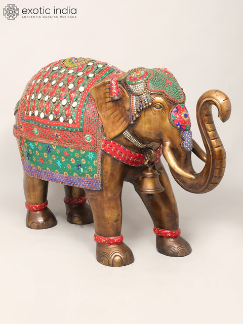 45" Large Size Elephant with Upraised Trunk | Brass Statue with Inlay Work